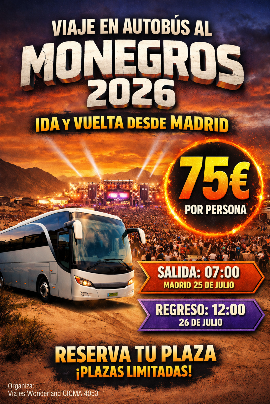 Viaje en autobus al festival de los monegros 2026